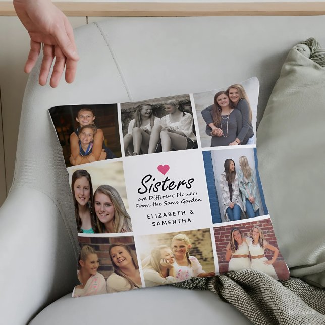 Sisters Script Quote Hot Pink Heart Foto Collage Kissen (Von Creator hochgeladen)