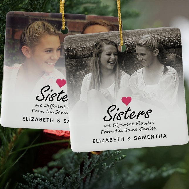 Sisters Script Zitat Hot Pink Heart Foto Keepake Keramikornament (Von Creator hochgeladen)