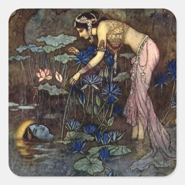 "Sita Finds Rama" von Warwick Goble Quadratischer Aufkleber (Vorderseite)