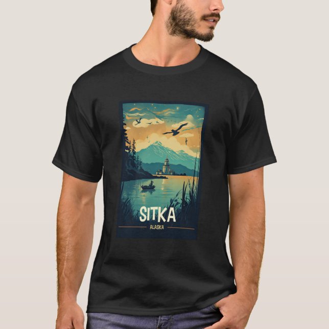 Sitka Alaska Retro Travel Poster Graphic T-Shirt (Vorderseite)
