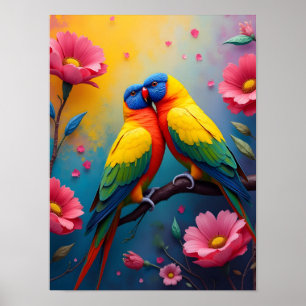 Sittiche schöne Farben und Blumen Poster