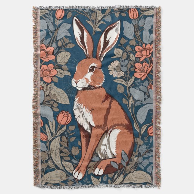 Sitting Hare William Morris Inspiriert floral Decke (Vorderseite Vertikal)