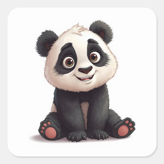 Sitting Panda Bear Cartoon Illustration Artwork Quadratischer Aufkleber (Vorderseite)