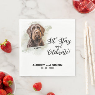Sitz, bleib & feiere Griffon-Hund Foto-Hochzeit Serviette