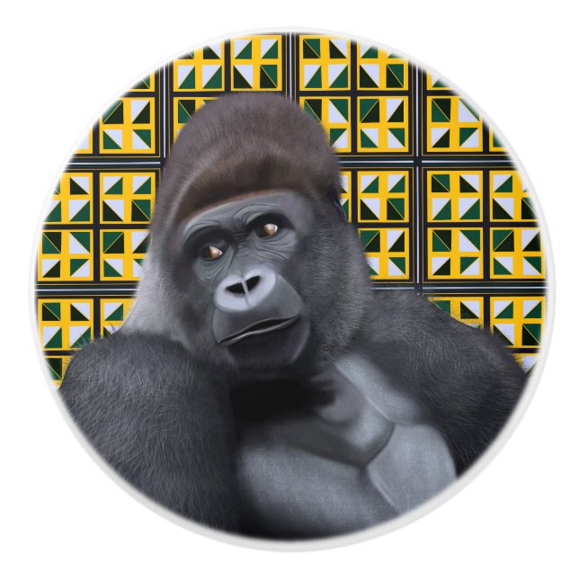 Sitzen Gorilla Gelbe Geometrische Wildtiere Keramikknauf (Vorderseite)