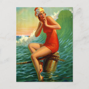 Sitzen Hübsch - Vintages Button Up Girl Art Postka Postkarte