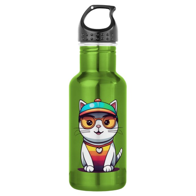 Sitzen Katzenbrille und Hut tragen Edelstahlflasche (Vorderseite)