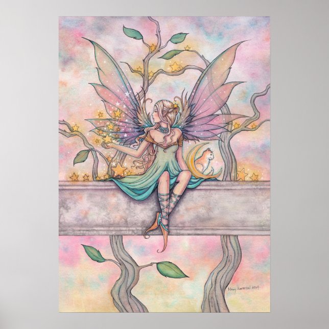 Sitzen mit Sternen Fairy mit Orange Tabby Art Poster (Vorne)