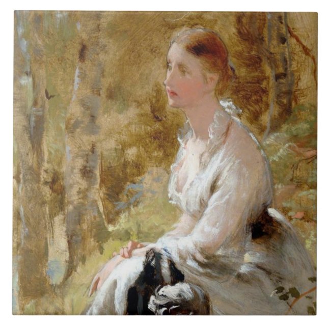 Sitzende Frau in einem Wald (Elegante Schönheit) Fliese (Vorderseite)