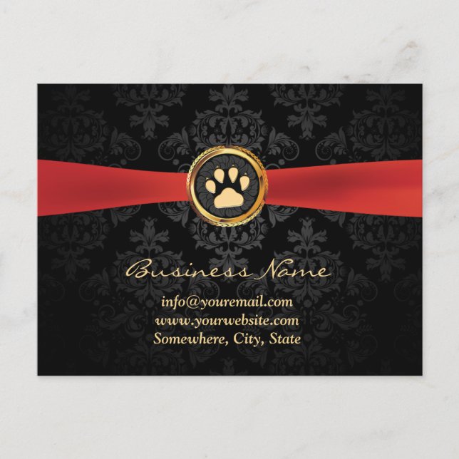 Sitzende Gold-Paw & Red Ribbon Elegante Damaske Postkarte (Vorderseite)
