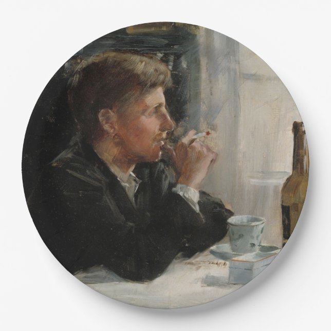 Sitzende Menschen verloren in Gedanken an den Tisc Pappteller (Vorderseite)