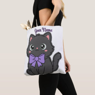 Sitzende schwarze Katze lila Schleife süße Kawaii