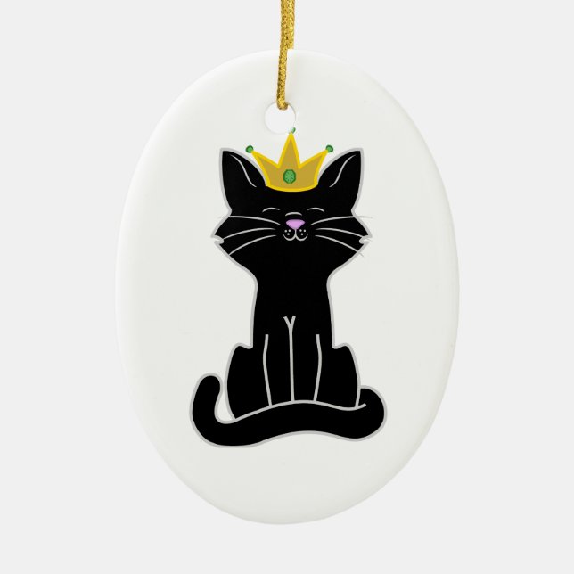 Sitzende schwarze Katze mit Goldkrone Keramikornament (Vorne)