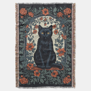 Sitzende schwarze Katze Vintage-Blumenmuster Decke