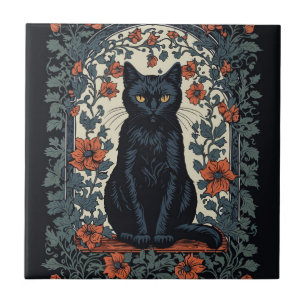 Sitzende schwarze Katze Vintage-Blumenmuster Fliese