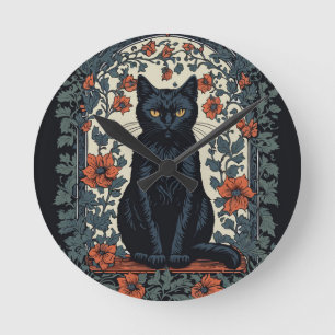 Sitzende schwarze Katze Vintage-Blumenmuster Runde Wanduhr