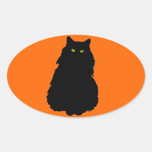 Sitzende schwarze Katzen-Silhouette auf Orange Ovaler Aufkleber