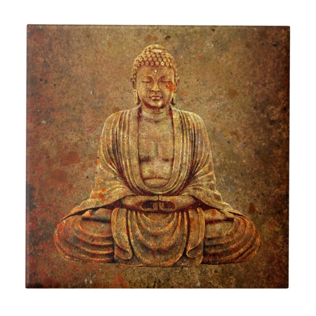 Sitzender Buddha mit Steinhintergrund Fliese (Vorderseite)