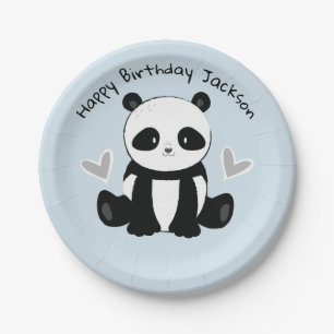Sitzender Panda mit Herz-blauer Party-Platte Pappteller
