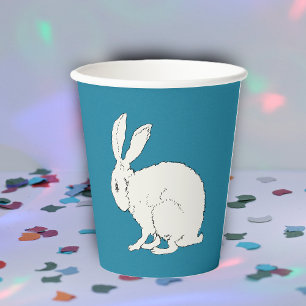 Sitzender weißer Hase einfache Illustration auf bl Pappbecher