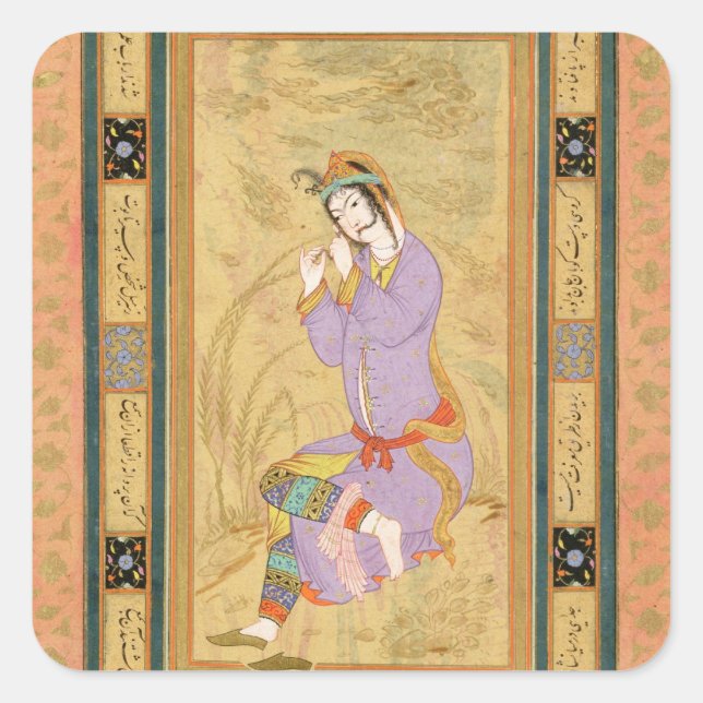 Sitzendes Mädchen, das sich die Haare in Klingeln  Quadratischer Aufkleber (Vorderseite)