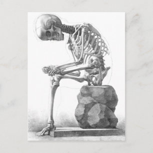 Sitzendes Vintage-Skelett beim Nachdenken Postkarte