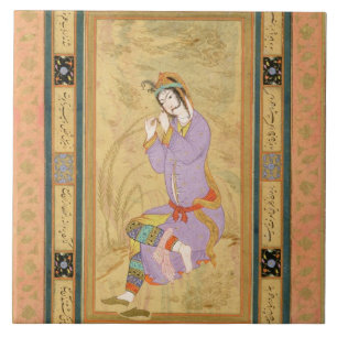 Sitzmädchen, das ihr Haar in ringlets, von t Fliese