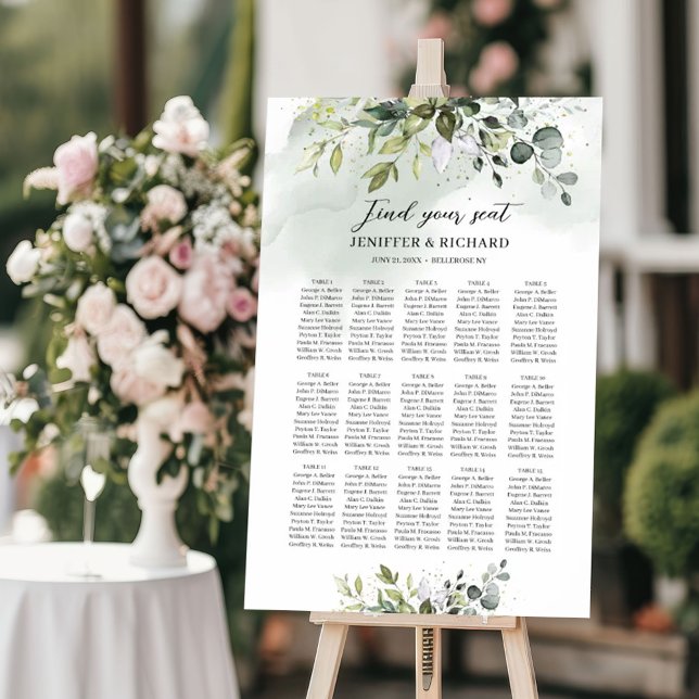 Sitzplan für Grünpflanzen Poster (Greenery boho eucalyptus foliage seating chart)