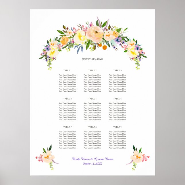 Sitzplan für Willow und Floral Hochzeiten Poster (Vorne)