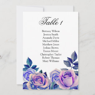 Sitzplan in blauen und lila Rose. Tabellenplan Einladung