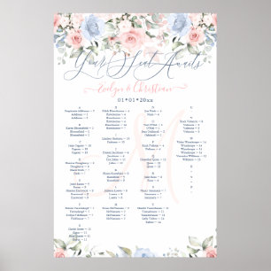Sitzplan mit Monogramm in Rosa und Staubblauen Ros Poster