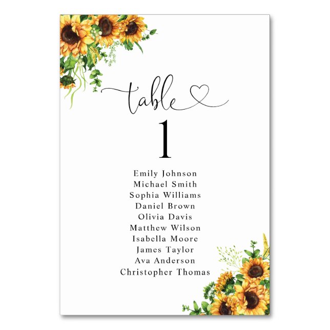Sitzplan mit Tischnummern im Sonnenblumen-Design (Vorderseite)