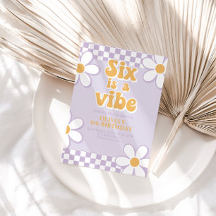 Six is a Vibe Retro Check Lilac Daisy Einladung