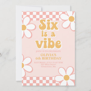 Six is a Vibe Retro Check Pink Gänseblümchen Einladung