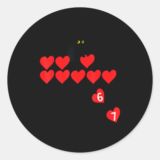 Six Seven Black Cat Knocking Off Hearts Funny 67 V Runder Aufkleber (Vorderseite)