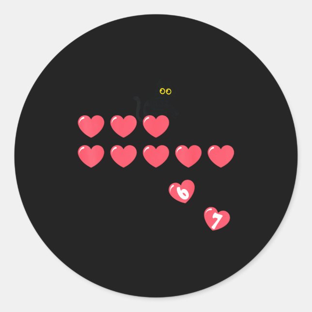 Six Seven Black Cat Knocking Off Hearts Funny 67 V Runder Aufkleber (Vorderseite)