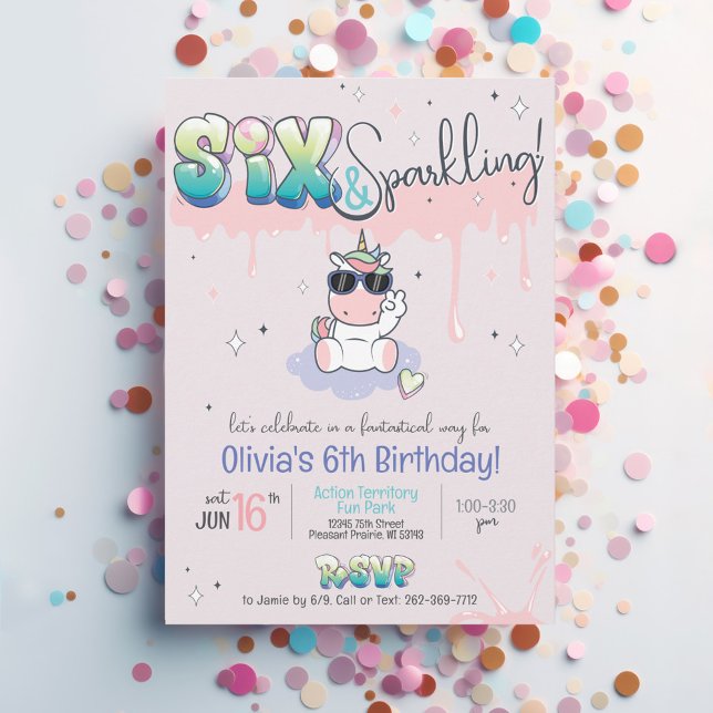 SIX & Sparkling Unicorn Graffiti Girl 6. Geburtsta Einladung (Cute Six & Sparkling retro stars pink purple kawaii unicorn theme graffiti 6th birthday invitation)