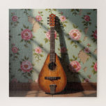 Six-Stringed Dulcimer Vintage Floral Puzzle<br><div class="desc">Pretty vintage rose wallpaper with a six-stringed dulcimer leaning up against it. Pretty puzzle for musicians that like rare instruments.</div>