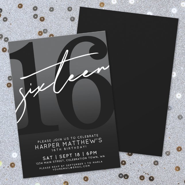 Sixteen Black 16th Birthday Einladung (Sweet Sixteen Black 16th Birthday Invitation)