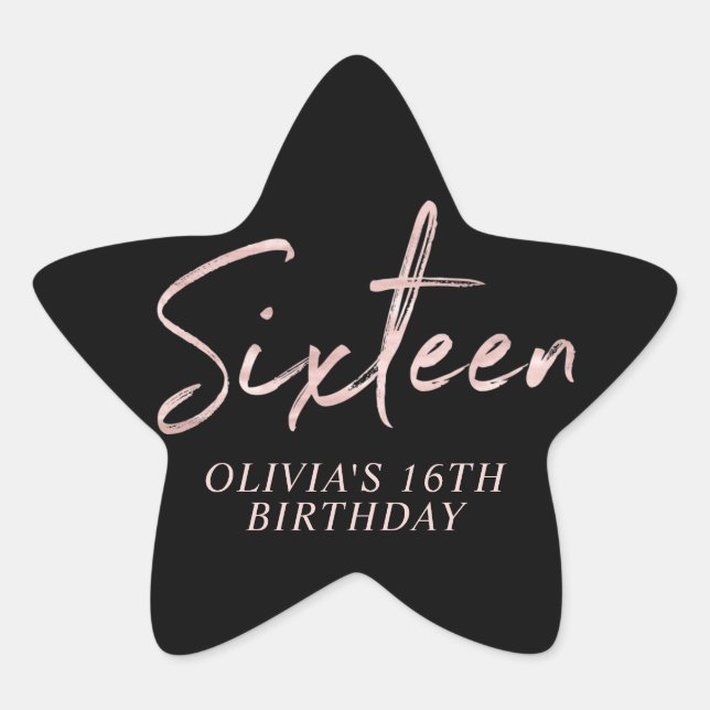 Sixteen Rose gold & Black Sweet 16 Birthday Party Stern-Aufkleber (Vorderseite)