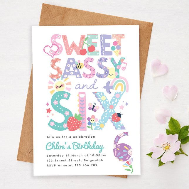 Sixth Birthday Invite Girl, Sweet Sassy Six Einladung (Von Creator hochgeladen)