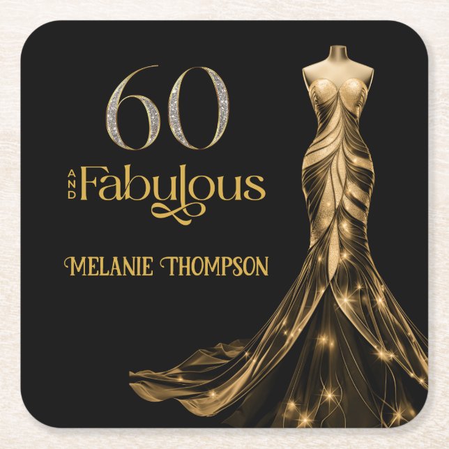 Sixty and Fabulous Gold Dress Black 60th Birthday Rechteckiger Pappuntersetzer (Vorderseite)