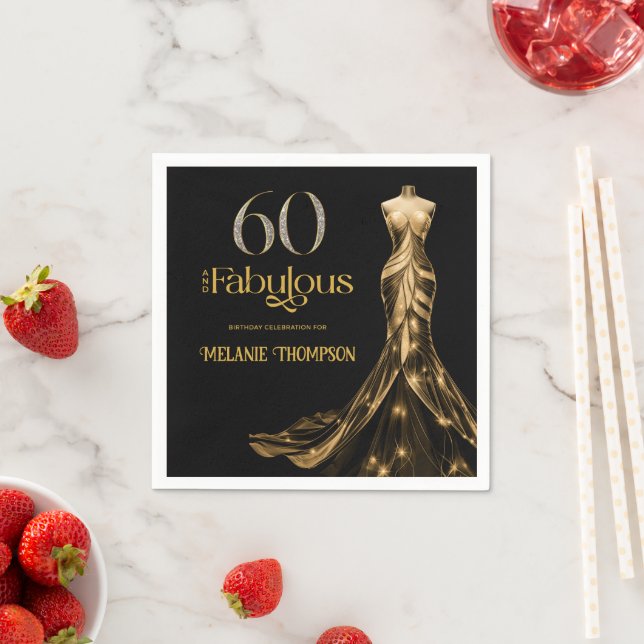 Sixty and Fabulous Gold Dress Black 60th Birthday Serviette (Beispiel)