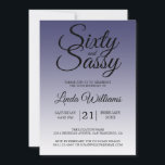 Sixty and Sassy Navy Blue 60th Birthday Einladung<br><div class="desc">Sixty and Sassy Navy Blue 60th Birthday Invitation card featuring dramatic black script typography over a rich navy blue ombré background that fades into a soft blue-gray tone. The bold headline sets a confident, celebratory mood, while the clean layout clearly presents the honoree’s name and event details. Ideal for a...</div>