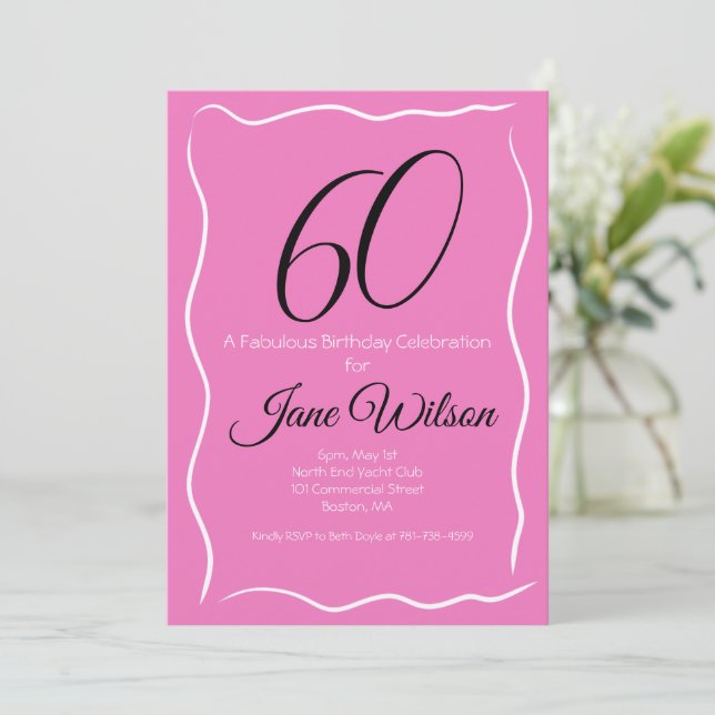   Sixty & Fabulous Birthday Invitation Pink Black Einladung (Stehend Vorderseite)