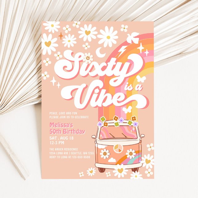 SIXTY ist ein Vibe Van Groovy Daisy Hippie Birthda Einladung (Von Creator hochgeladen)