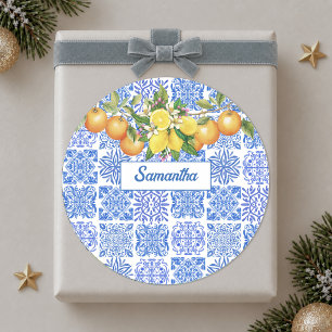 Sizilianisch Blau Gelb Zitrus Mediterran Azulejo Runder Aufkleber