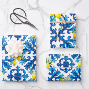 sizilianisch, Sommer, Zitrone, Mosaik, blau Geschenkpapier Set