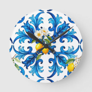 sizilianisch, Sommer, Zitrone, Mosaik, Blau, Schal Runde Wanduhr