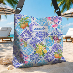 Sizilianische blaue Zitrus-Blumen-Azulejo-Fliesen Tragetaschen Mit Langen Trägern